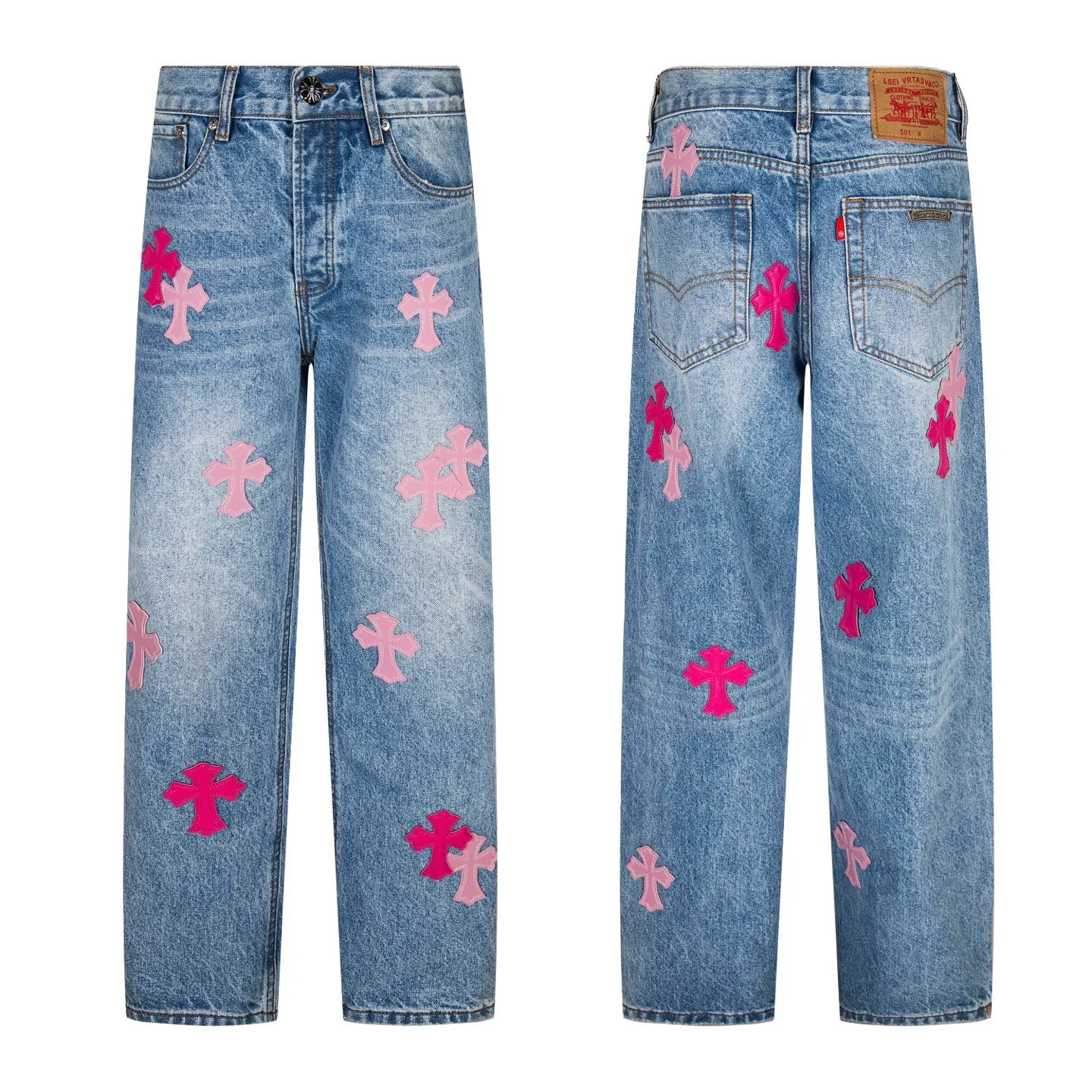 P260 High version (evergreen version) Chrome Hearts 25FW CH blue trousers pink leather cross bamboo jeans adopt patchwork elements, mostly presented in the shape of a cross, with glitter on the leather surface. Unique design, simple and elegant details, exquisite workmanship, neat lines of the entire trousers, and in place details! It’s also so cool that both men and women can easily control it. It’s a gender-neutral trendy up version. Style number: 1728# Color: blue pants and pink leather Size: 28 30 32 34 36